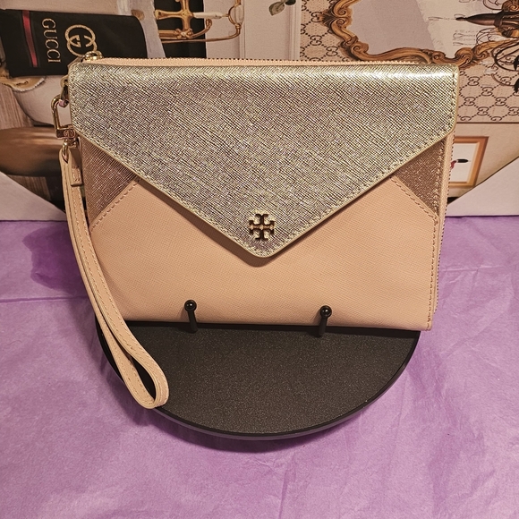 Tory Burch Rose Gold Saffiano Leather Colorblock Metallic Wristlet - Picture 1 of 17